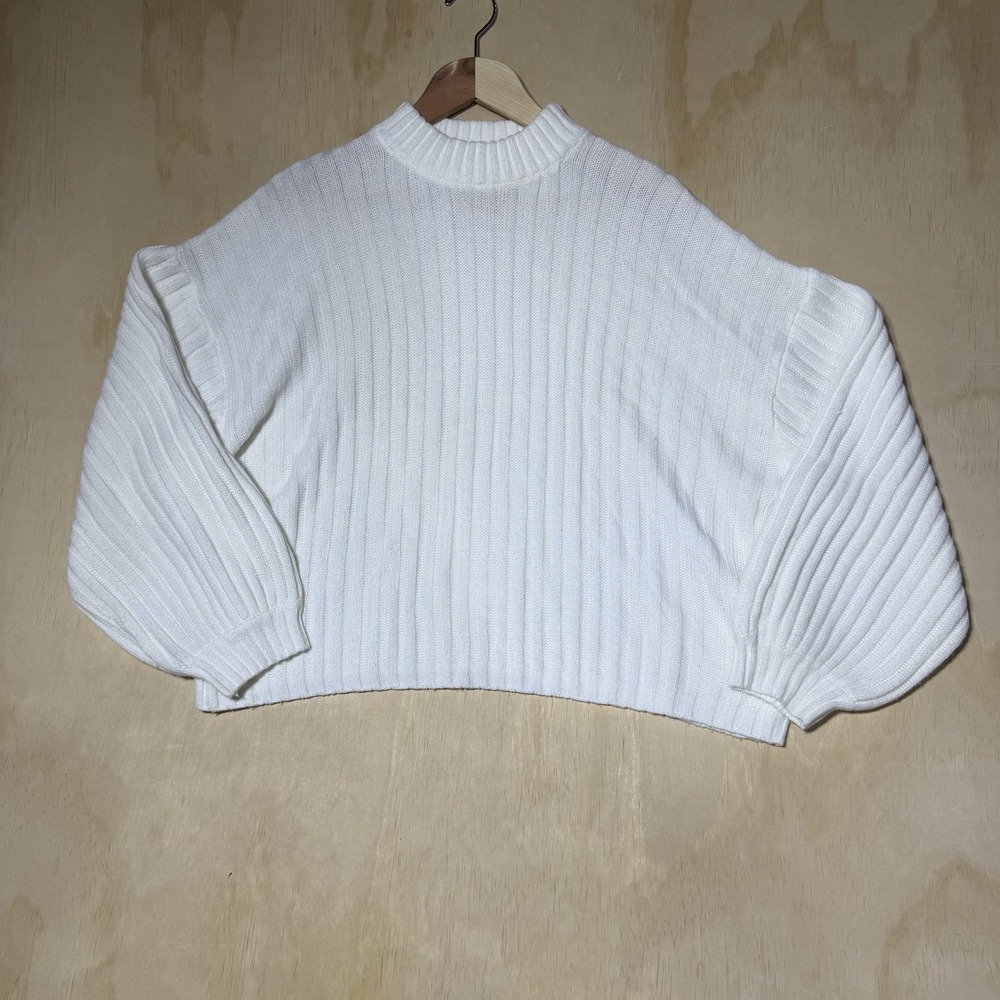 Princess Polly White Rib Knit Cropped Sweater Balloon Sleeve Mock Neck‎ Size S/M